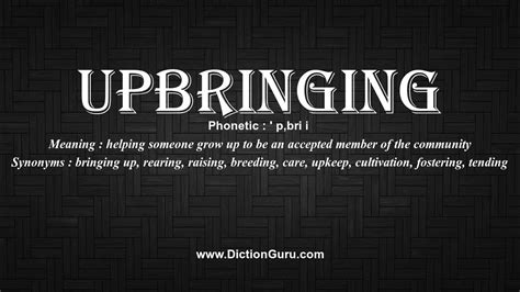 Upbringing synonyms - RURAL UPBRINGING definition: Your upbringing is the way that your parents or carers treat you and the things that they... | Meaning, pronunciation, translations and examples in American English ... English synonyms. Thematic word lists. English. French. German. Italian. Spanish. Portuguese. Hindi. Chinese. Korean. Japanese. …